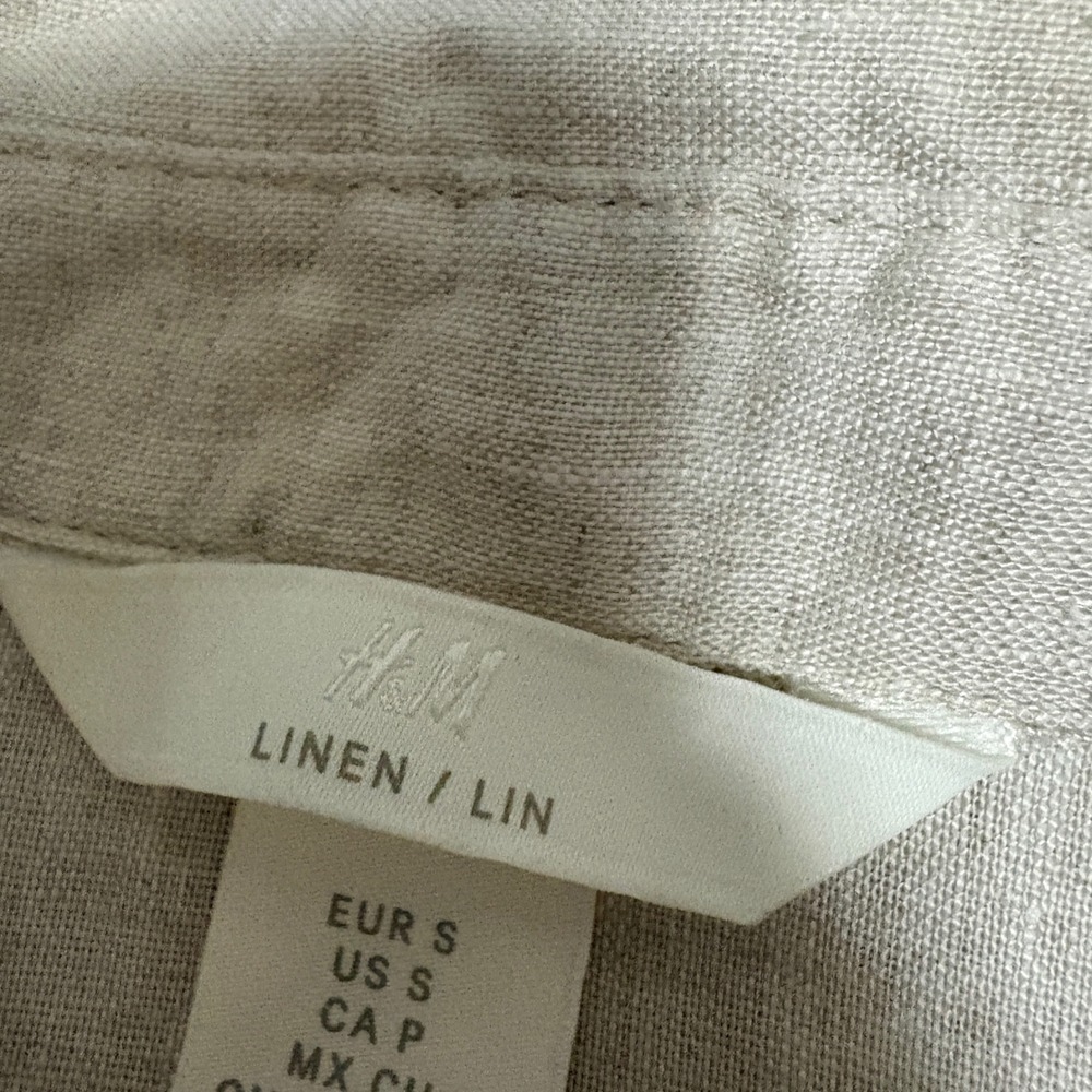 H&M Womens Small Shirt Dress Beige 100% Linen Sleeveless Button Front Mini - Picture 3 of 7